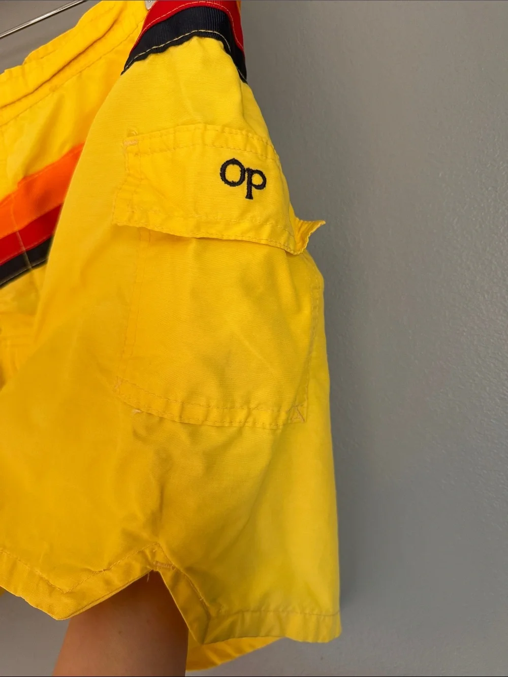 Vintage 70s 80s Ocean Pacific OP Style Yellow Rainbow Stripe Board Shorts M 32”